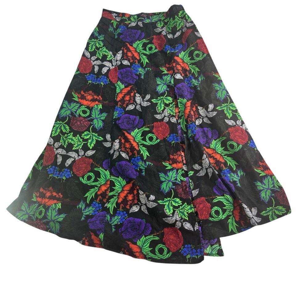Topshop Floral Print Midi Skirt Black Front Slit Hidden Zip Women's US 6